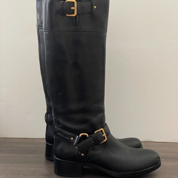 Prada Black Leather Tall Pull On Riding Moto Boot 2000's New Dead Stock 38.5/8.5 - Picture 5 of 11